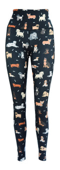 Black leggings with colorful dog illustrations and deep side pockets, Doggy Daydream + Pockets design