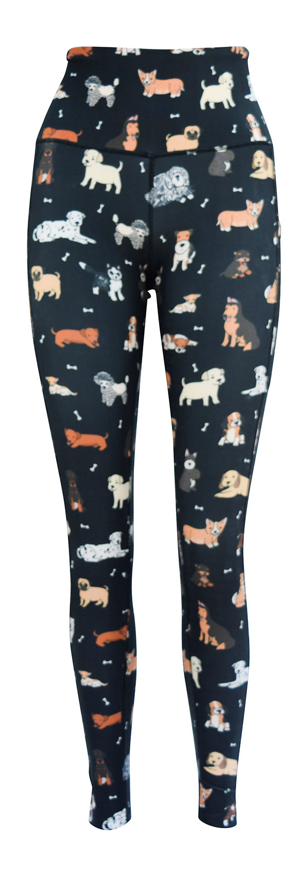Black leggings with colorful dog illustrations and deep side pockets, Doggy Daydream + Pockets design