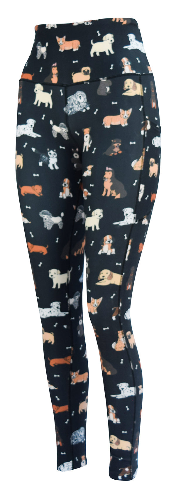 Black leggings with colorful dog patterns and deep side pockets for keys and phone, Doggy Daydream + Pockets style