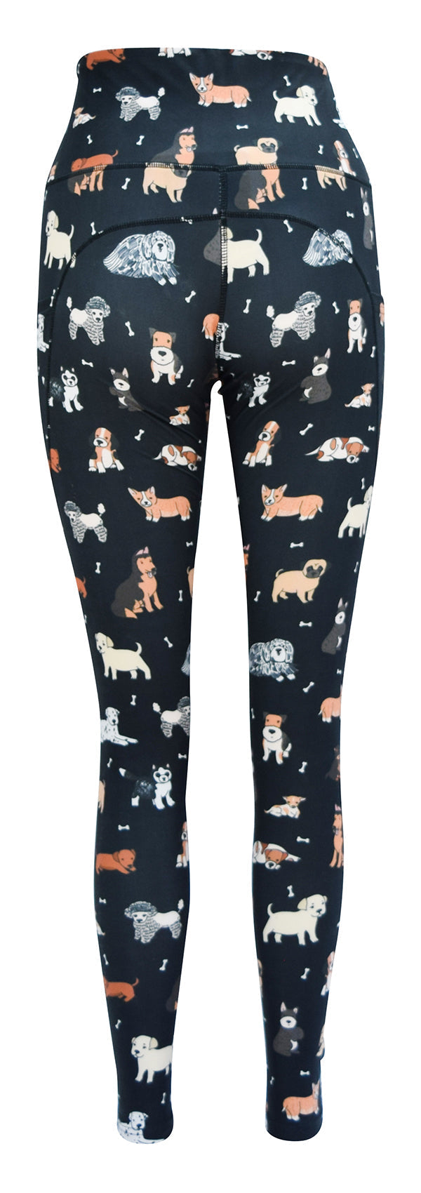 Charcoal leggings with cartoon dog prints, soft fabric, and deep side pockets for keys and phone, Doggy Daydream + Pockets design.