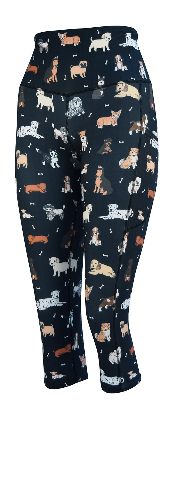 Charcoal leggings with colorful dog print and two deep side pockets, Doggy Daydream + Pockets design