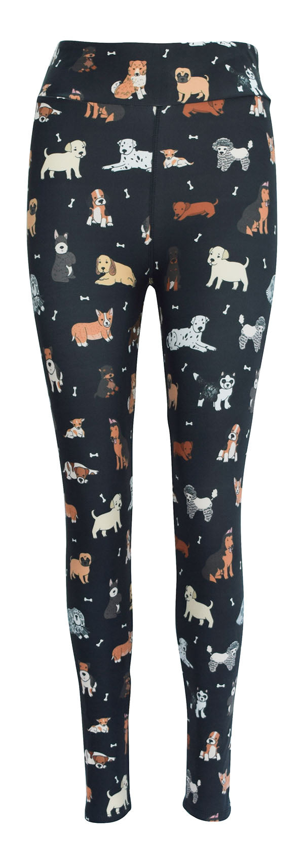 Doggy Daydream leggings with various dog breeds on charcoal background