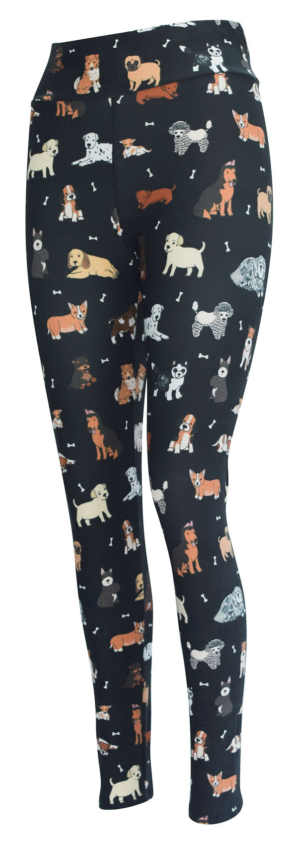 Black leggings with colorful dog illustrations on a charcoal background Doggy Daydream design