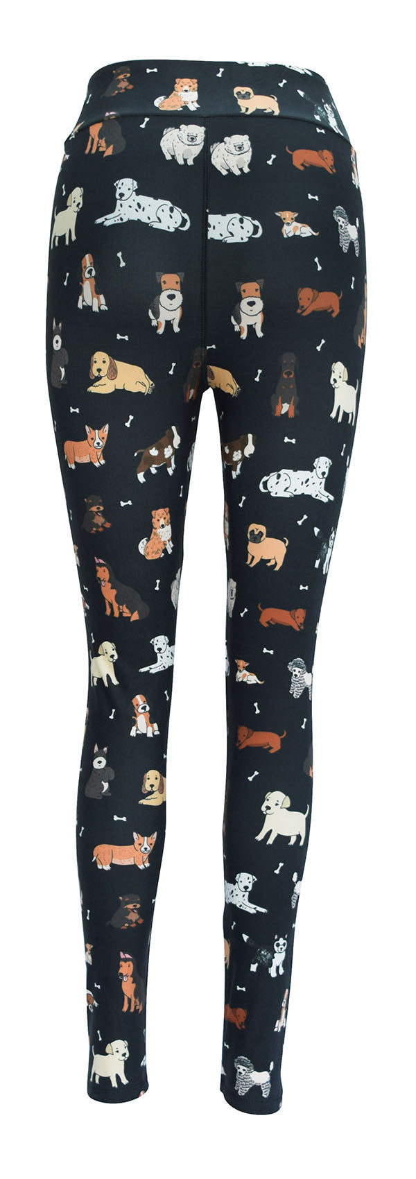 Black leggings with colorful dog illustrations all over, Doggy Daydream design