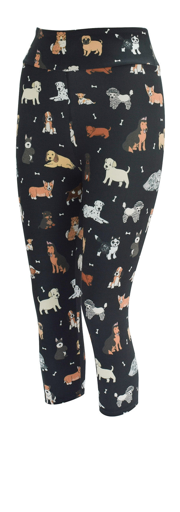Black leggings with various colorful dog illustrations, Doggy Daydream design
