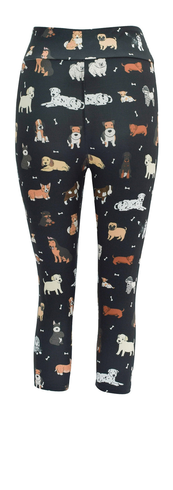 Black leggings with colorful dog illustrations all over, Doggy Daydream design
