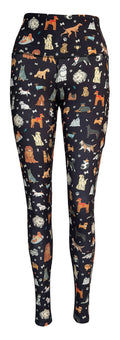 Black leggings with colorful dog illustrations and deep side pockets, Doggy Delight + Pockets design