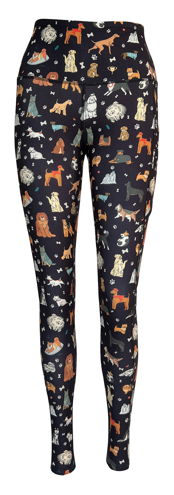 Black leggings with colorful dog illustrations and deep side pockets, Doggy Delight + Pockets design
