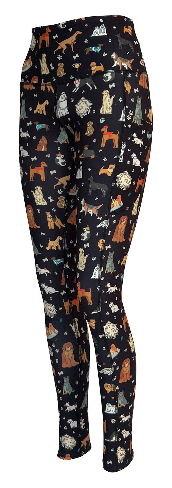 Black leggings with colorful dog prints and deep side pockets for keys and phone Doggy Delight + Pockets