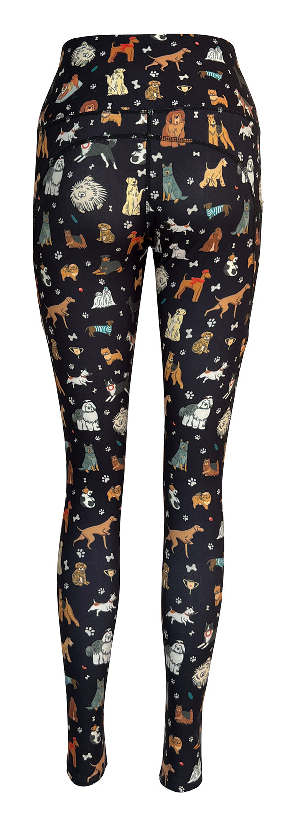 Black Doggy Delight + Pockets leggings featuring various dog illustrations and deep side pockets for keys and phone.