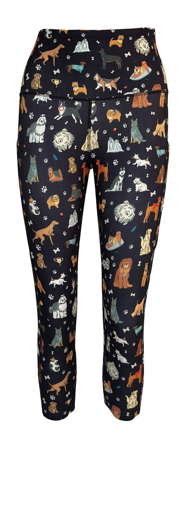 Black leggings with colorful dog illustrations and deep side pockets Doggy Delight + Pockets