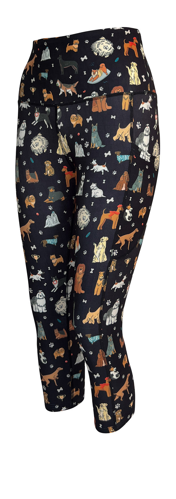 Black leggings with dog illustrations and deep side pockets for keys and phone, Doggy Delight + Pockets design