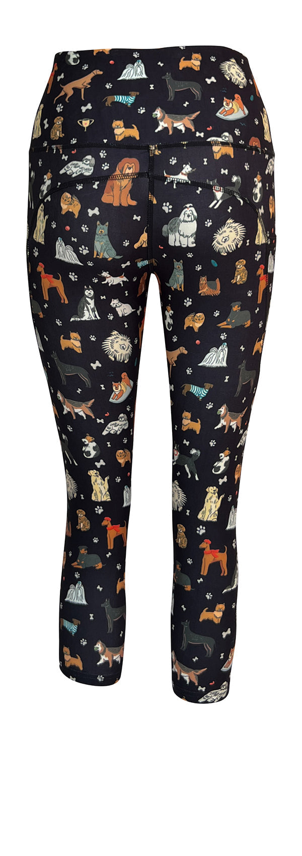 Dog leggings with colorful dog patterns and side pockets on black background Doggy Delight + Pockets