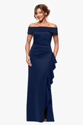 Dolly techno scuba off the shoulder ruffle dress in midnight, front view.