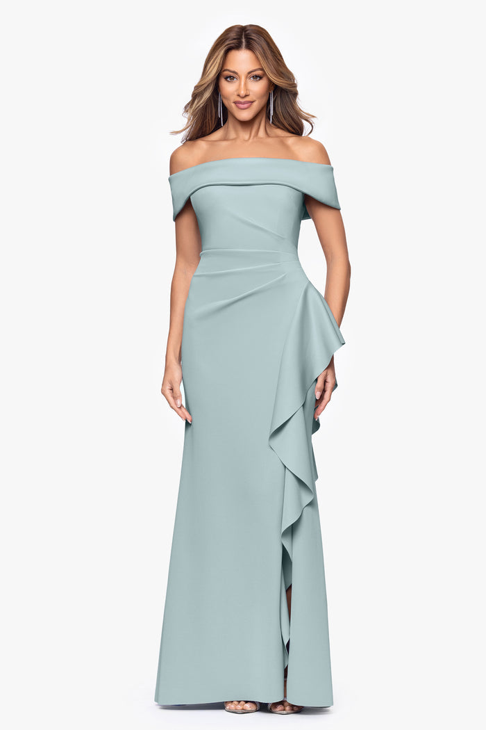 Dolly techno scuba off the shoulder ruffle dress in sage, front view.