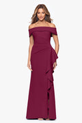 Dolly techno scuba off the shoulder ruffle dress in wine, front view.