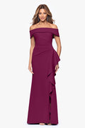 Dolly techno scuba off the shoulder ruffle dress in raisin, front view.