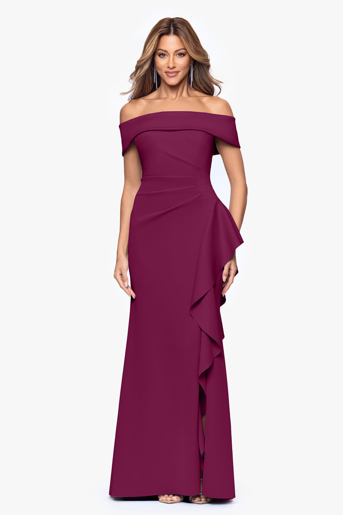 Dolly techno scuba off the shoulder ruffle dress in raisin, front view.