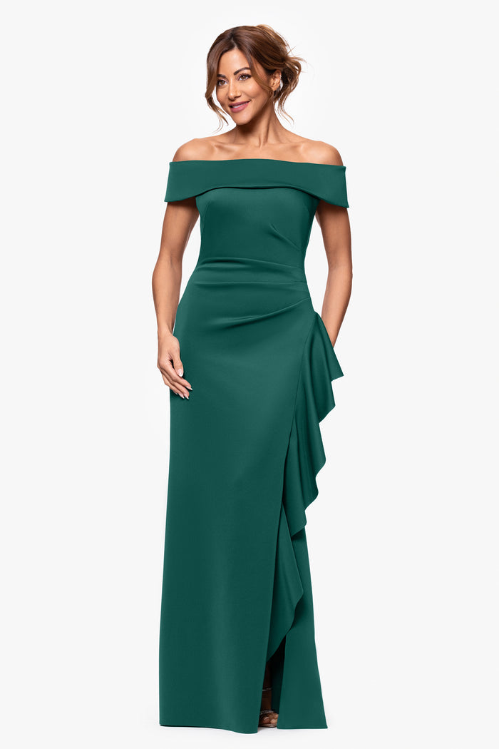 Dolly techno scuba off the shoulder ruffle dress in hunter, front view.