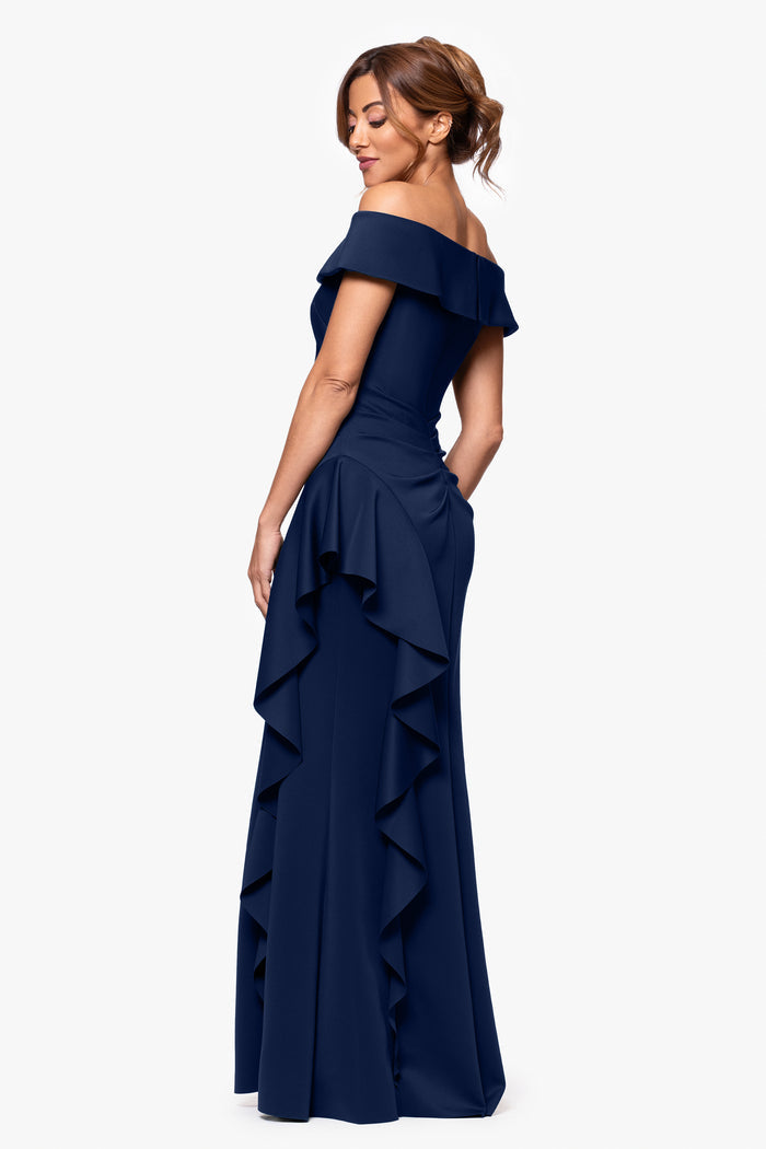 Dolly techno scuba off the shoulder ruffle dress in midnight, back view.