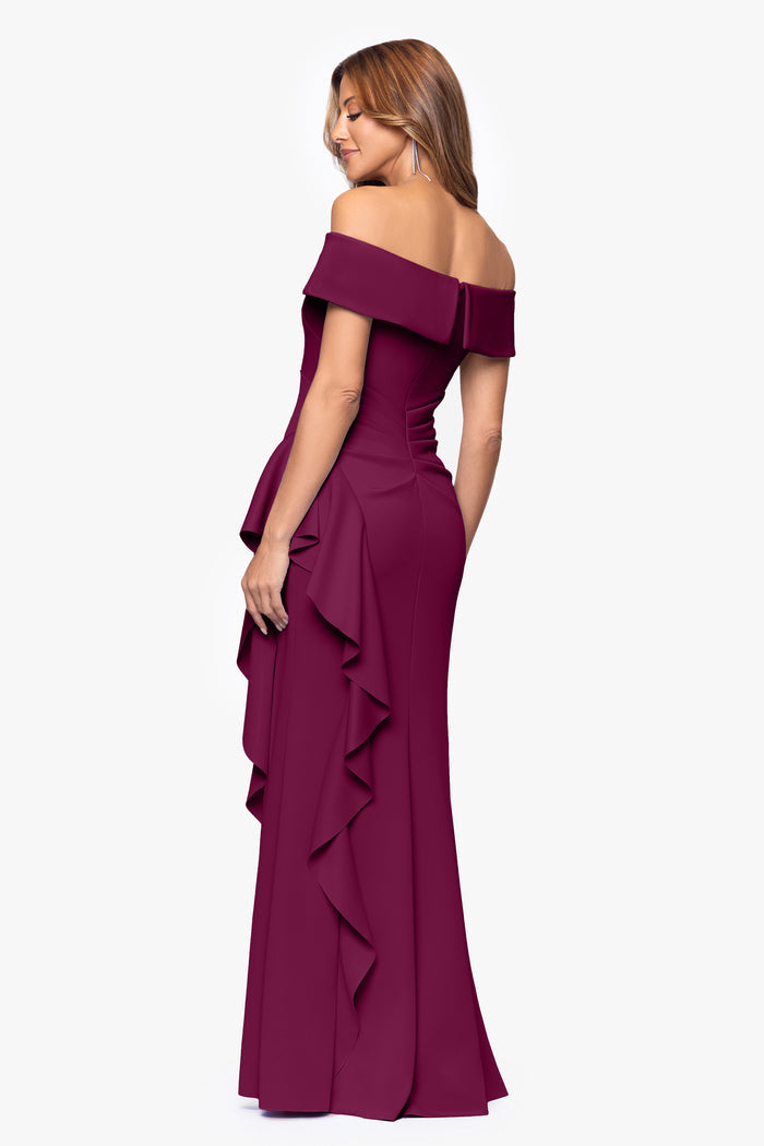 Close-up of the off-the-shoulder neckline and techno scuba fabric in raisin on the Dolly techno scuba off the shoulder ruffle dress.
