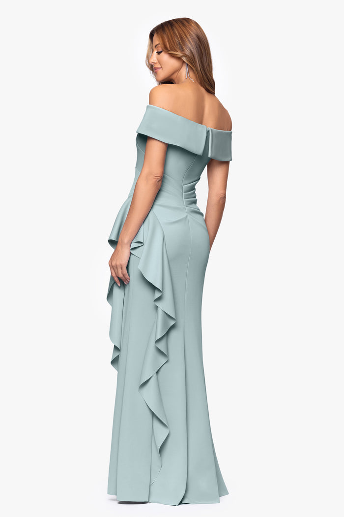 Dolly techno scuba off the shoulder ruffle dress in sage, back view.