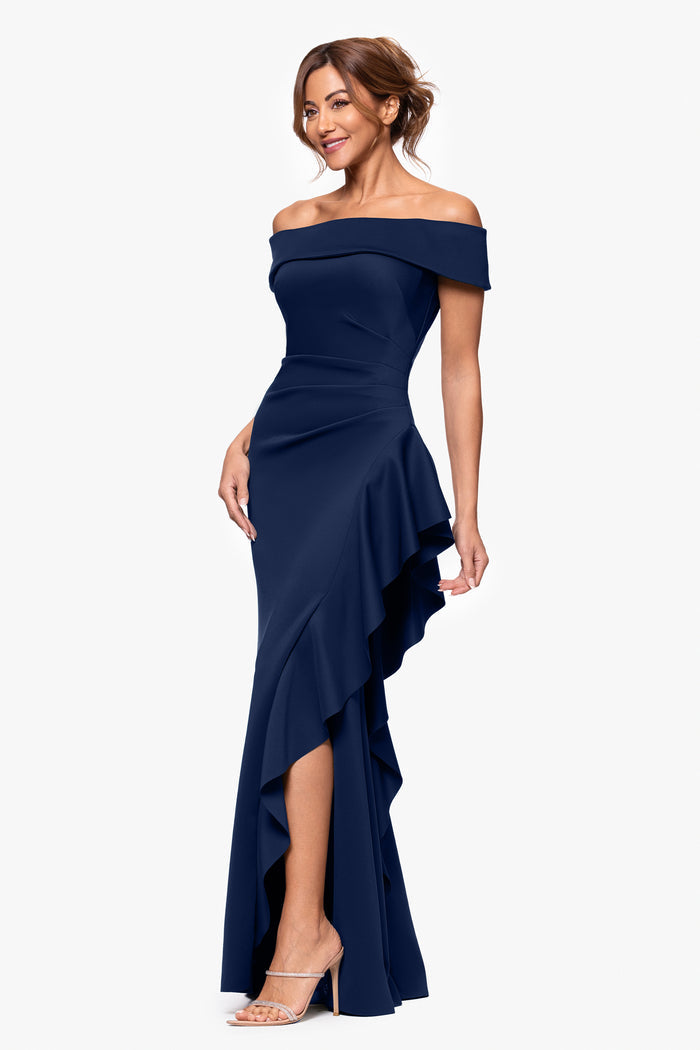 Dolly techno scuba off the shoulder ruffle dress in midnight, three-quarter view.