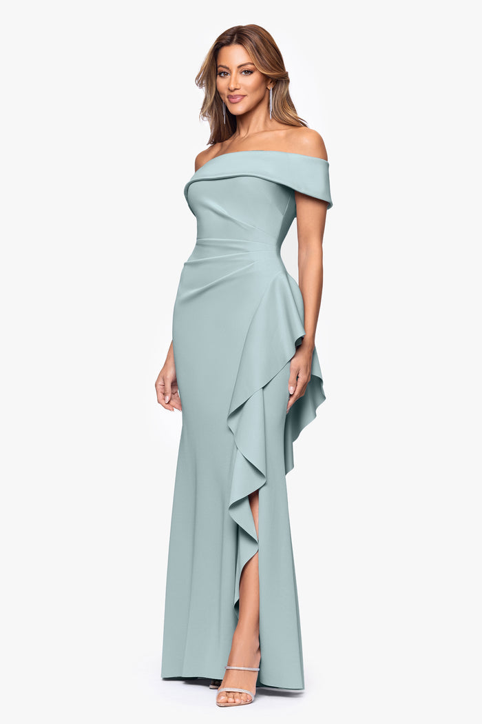Dolly techno scuba off the shoulder ruffle dress in sage, three-quarter view.