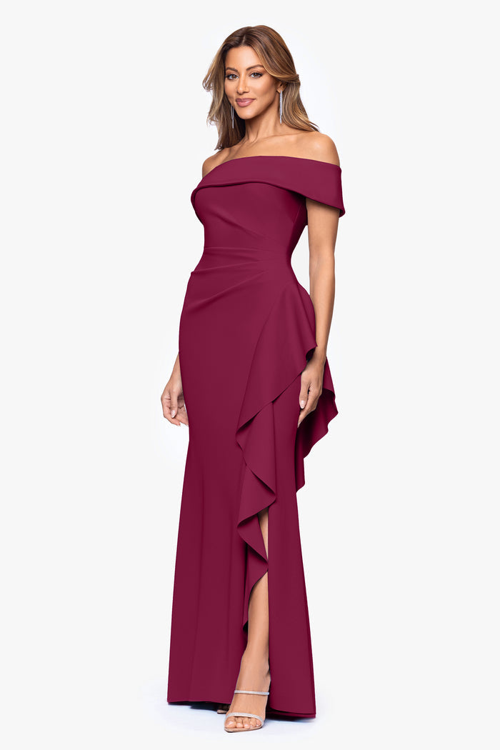 Dolly techno scuba off the shoulder ruffle dress in wine, three-quarter view.