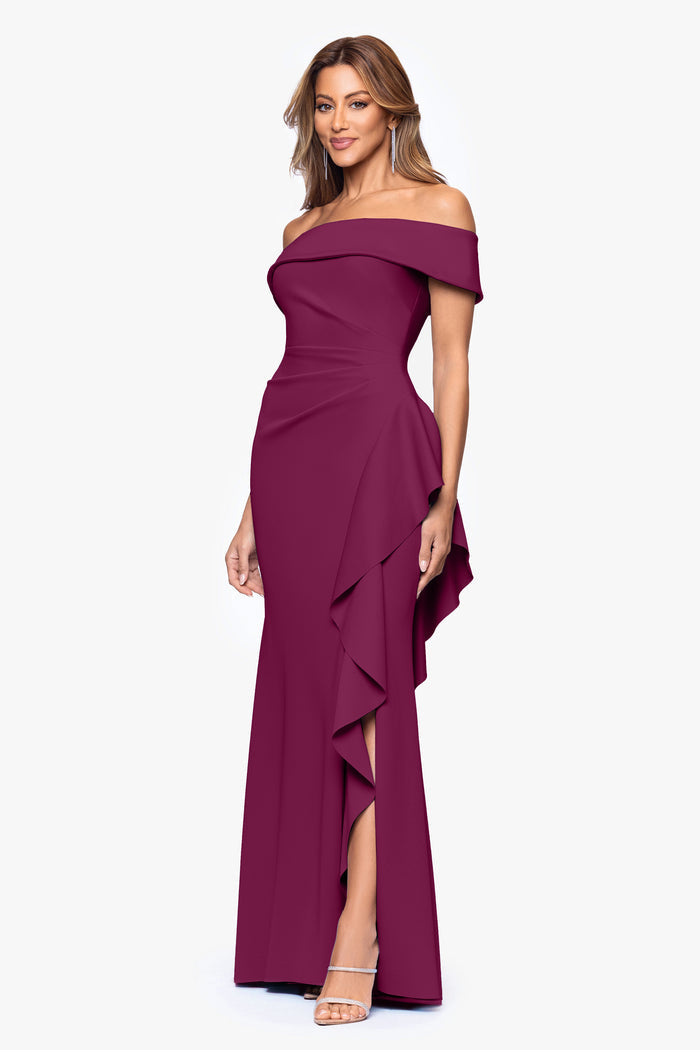 Dolly techno scuba off the shoulder ruffle dress in raisin, three-quarter view.