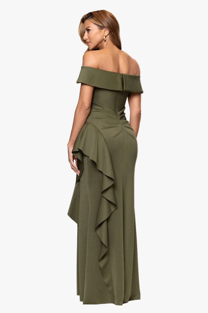 Dolly techno scuba off the shoulder ruffle dress in olive, back view.