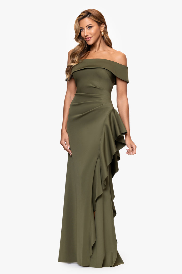 Dolly techno scuba off the shoulder ruffle dress in olive, three-quarter view.