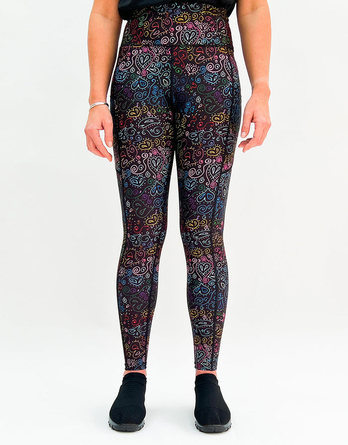 Black activewear leggings with multi-coloured heart doodles and pockets, Doodles Of Love design