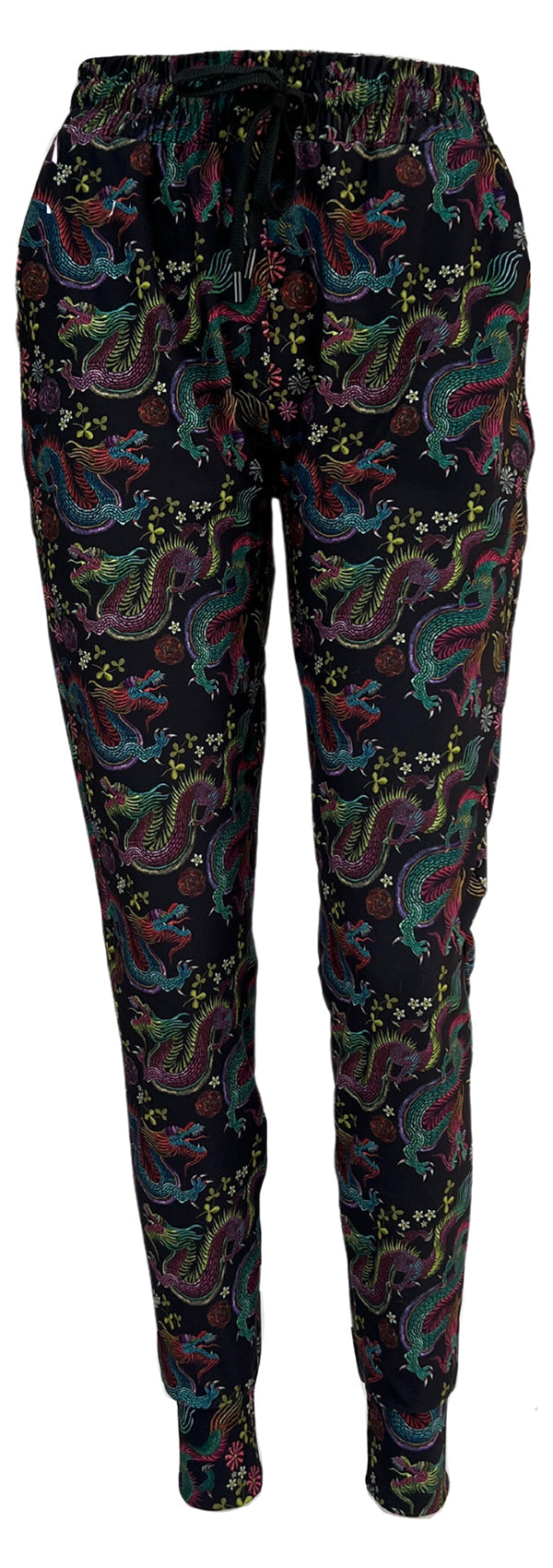 Dragon Fantasia Joggers with colorful mystical dragon and floral print on black, slim fit with cuffed bottoms, drawstring waist, and pockets