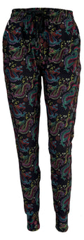 Dragon Fantasia Joggers with colorful mystical dragon and floral print on black, slim fit with cuffed bottoms, drawstring waist, and pockets