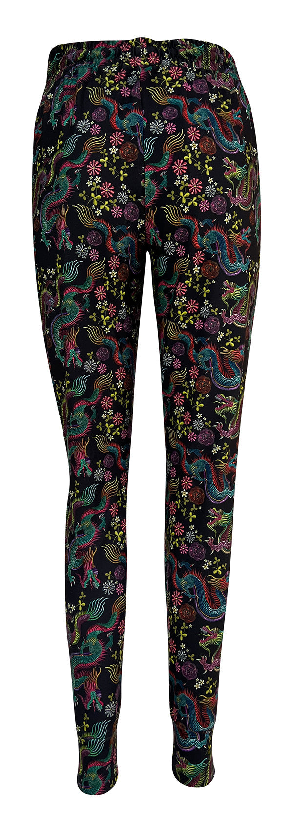 Black Dragon Fantasia Joggers with colorful mystical dragon and floral print, slim fit, cuffed bottoms, drawstring waist, and pockets.
