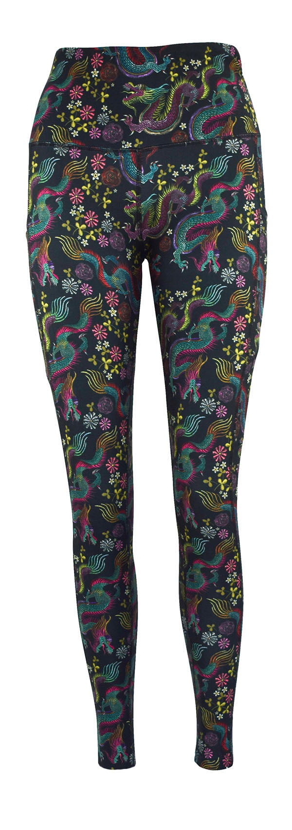 Black Dragon Fantasia leggings with floral design and deep side pockets