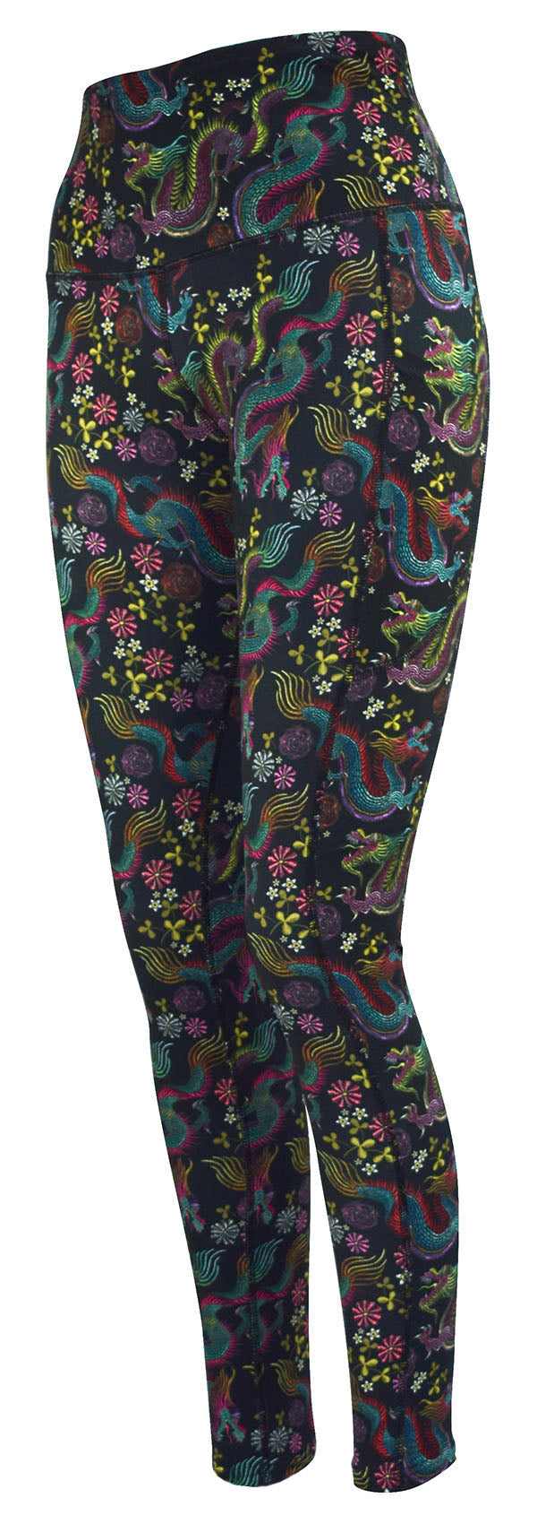 Black leggings with colorful dragon and floral print featuring deep side pockets and structured stitching Dragon Fantasia design