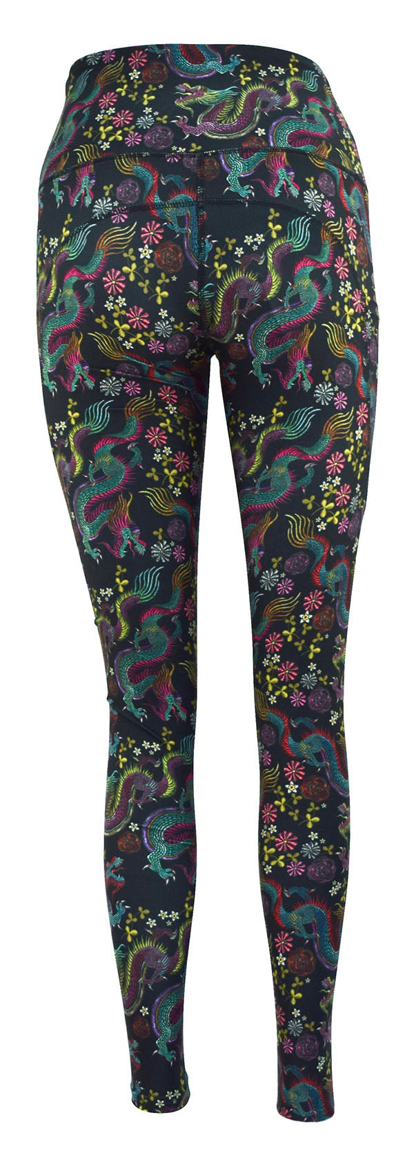 Black leggings with colorful mystical dragon and floral design featuring deep side pockets and structured stitching, Dragon Fantasia style.