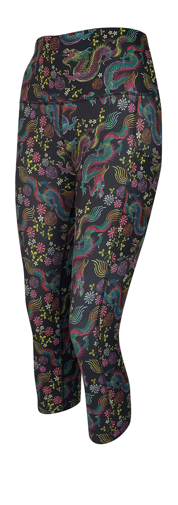 Dragon Fantasia leggings with mystical dragons and floral design, black background, featuring deep side pockets and structured stitching