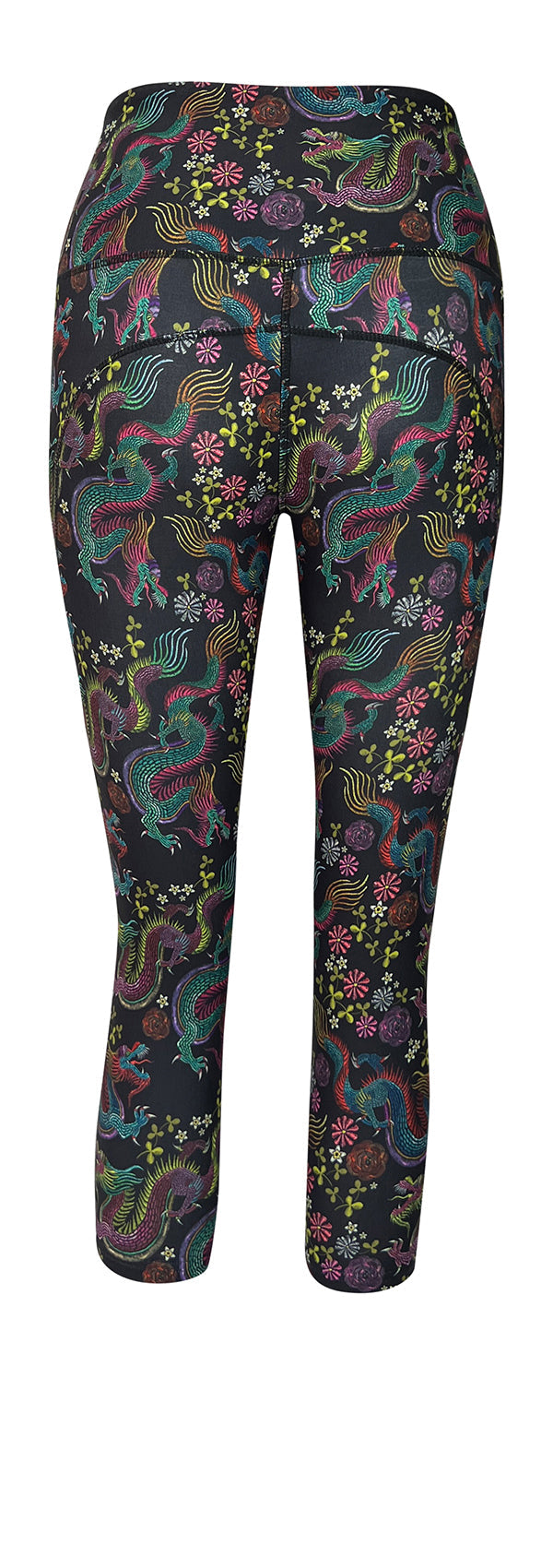 Black Dragon Fantasia leggings with colorful dragons, florals, and deep side pockets for keys and phone.