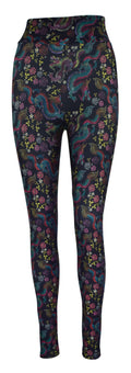 Black leggings with Dragon Fantasia design featuring soaring mystical dragons and delicate florals