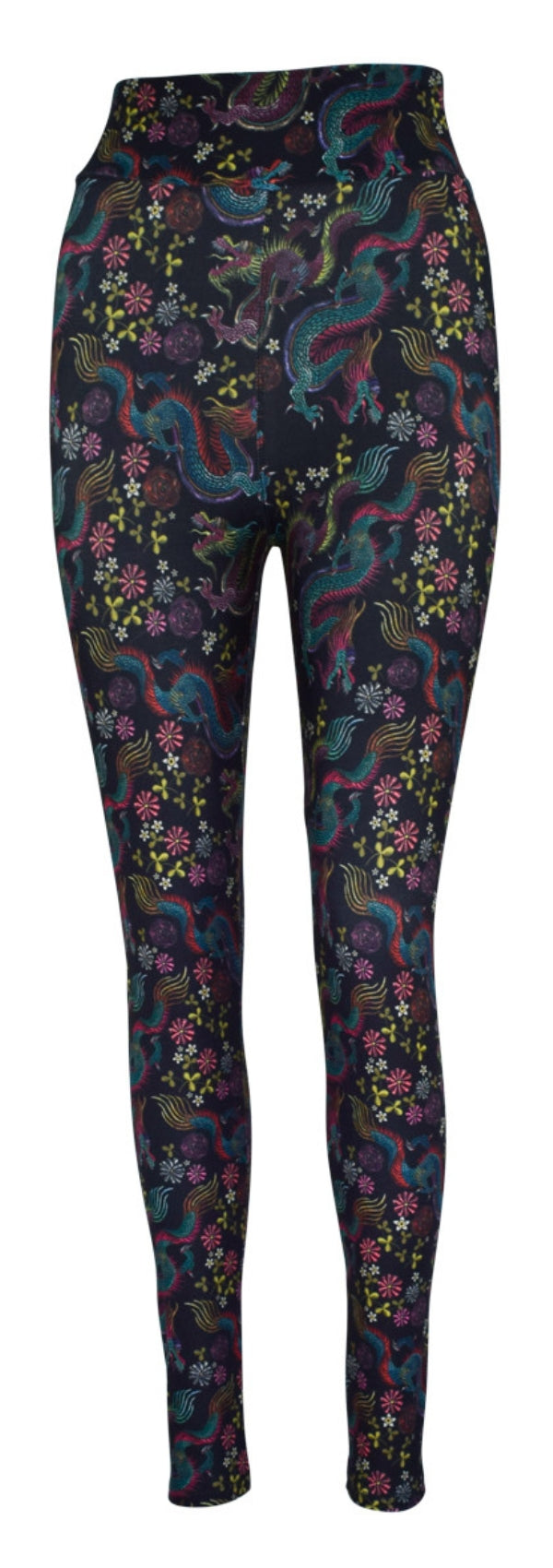 Black leggings with Dragon Fantasia design featuring soaring mystical dragons and delicate florals