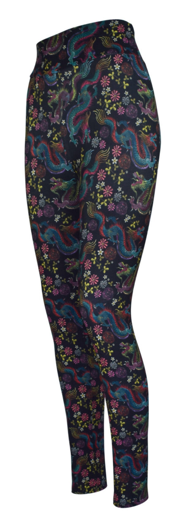 Leggings with Dragon Fantasia design featuring mystical dragons and delicate florals on black background