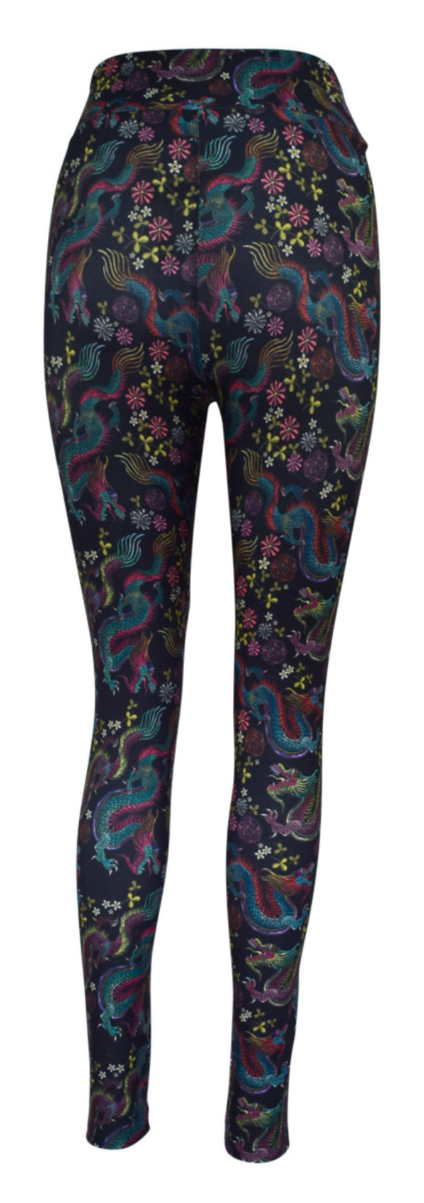 Black leggings with colorful mystical dragons and delicate floral patterns, Dragon Fantasia design