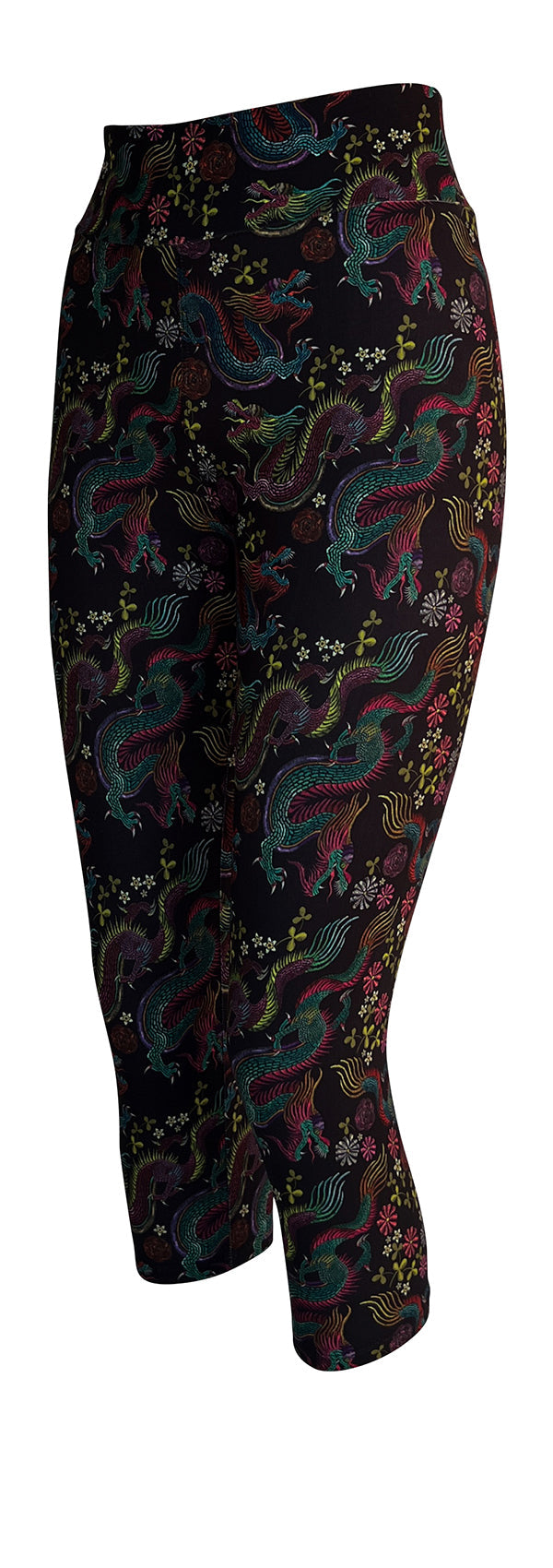Black leggings with colorful mystical dragon and floral print design, Dragon Fantasia pattern