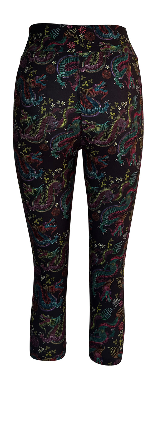 Black leggings with colorful Dragon Fantasia print featuring mystical dragons and delicate florals