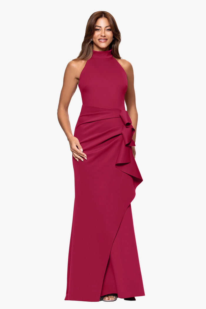 "Eden" Techno Scuba Mock Neck Ruffle Dress