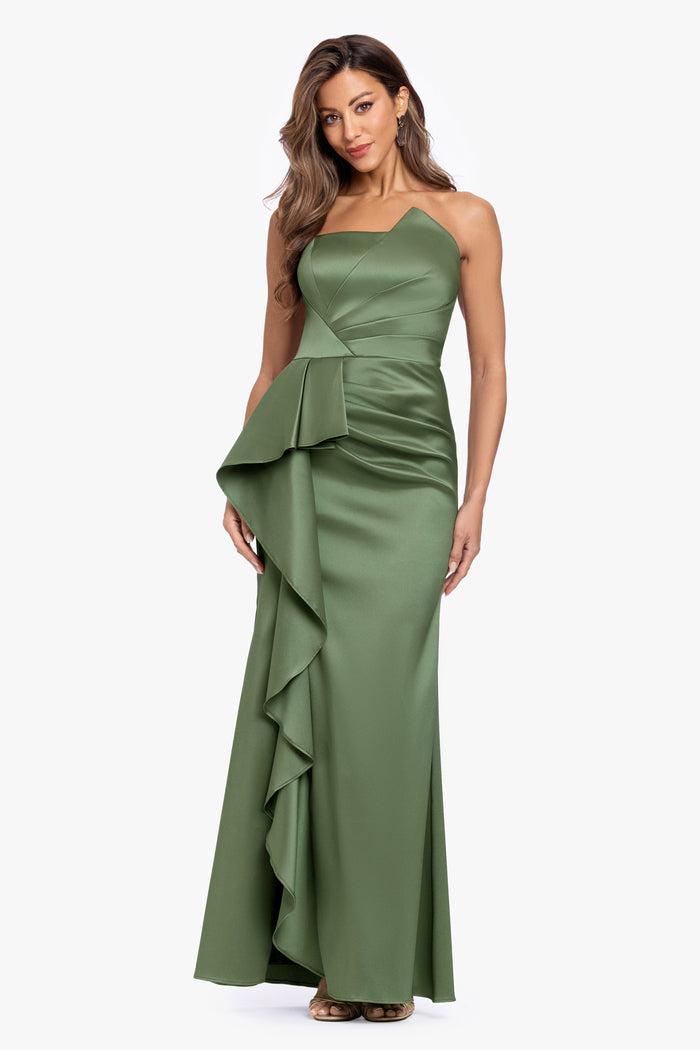 Olive “Effie” Mikado Asymmetrical Strapless Dress, front view