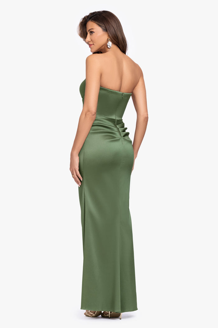 Olive “Effie” Mikado Asymmetrical Strapless Dress, back view